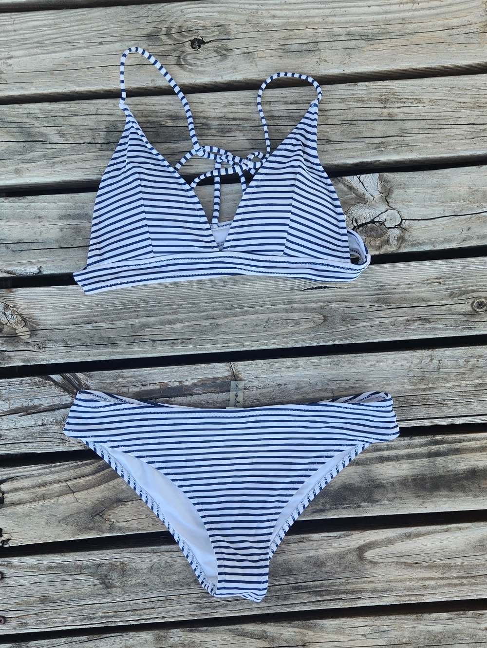 CupShe Small White Navy Blue Bikini Set Small Triangle Strappy Neutral Swim
